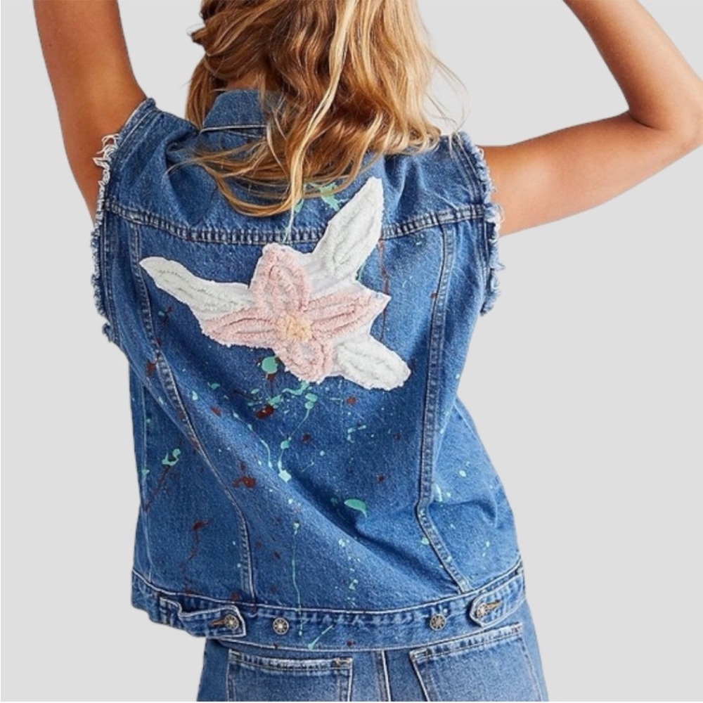 NWT Free People x Tricia Fix Dalia Denim Vest Embroidered Floral Paint Splatter